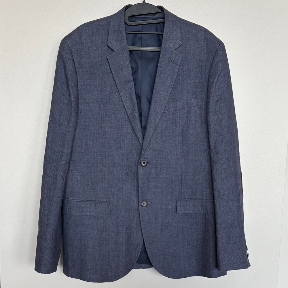 Classic Linen Men's Blazer, Chambray Blue Slim Fit Size 44R, with Elbow Patches